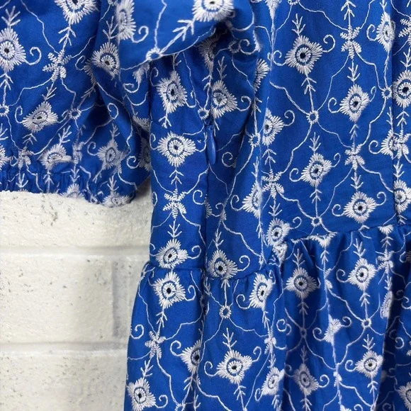 Rhode for Target Babydoll Dress M Blue Embroidered Eyelet Puff Sleeves Pockets - Picture 8 of 12